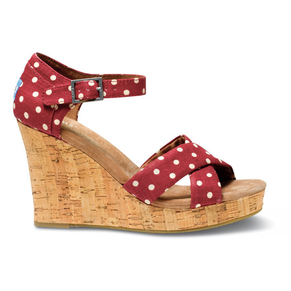 Toms Red Polka Dot Linen Women Strappy Wedges Outlet Coupons